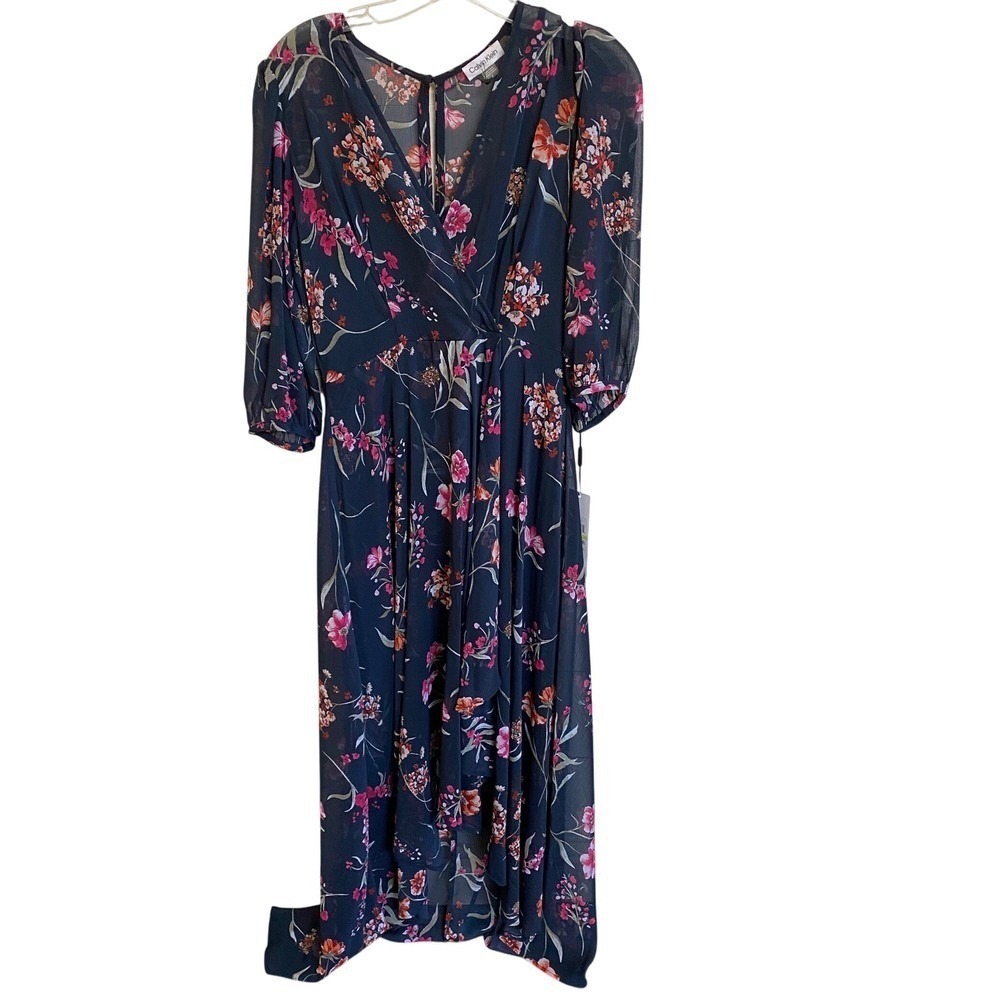 Calvin Klein Navy Blue Floral Chiffon High Low Maxi Dress 4 NWT Wedding Guest - Picture 2 of 16
